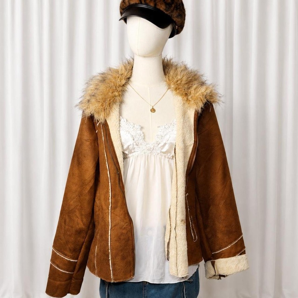 Y2K Brown Faux Suede Shearling Fur Trim Jacket
